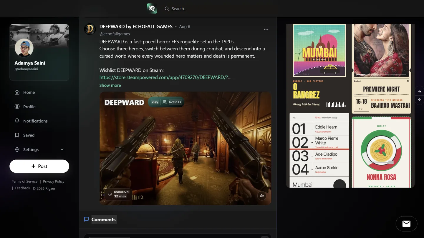 A Rigzer feed post next to a Code-in pocket post