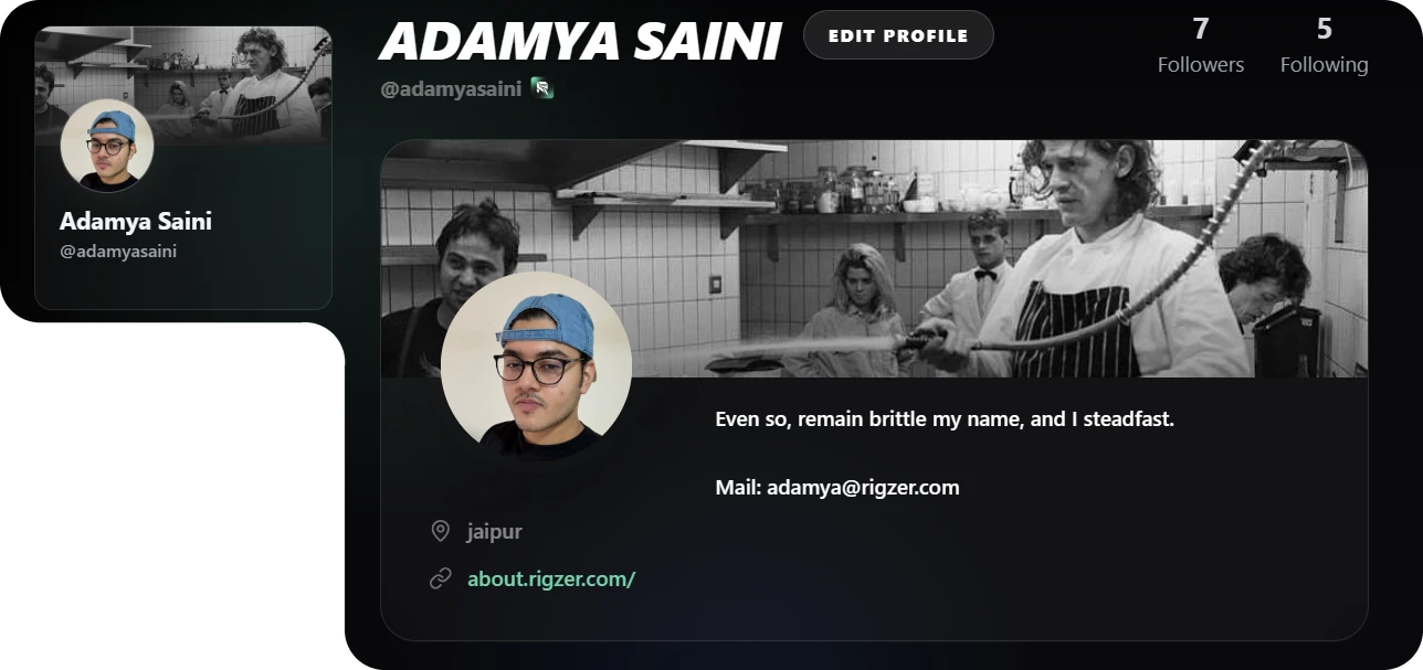 A Rigzer profile page: a small profile card with a cover photo and avatar, and beside it the full profile with name, follower counts, cover photo, bio, city and link