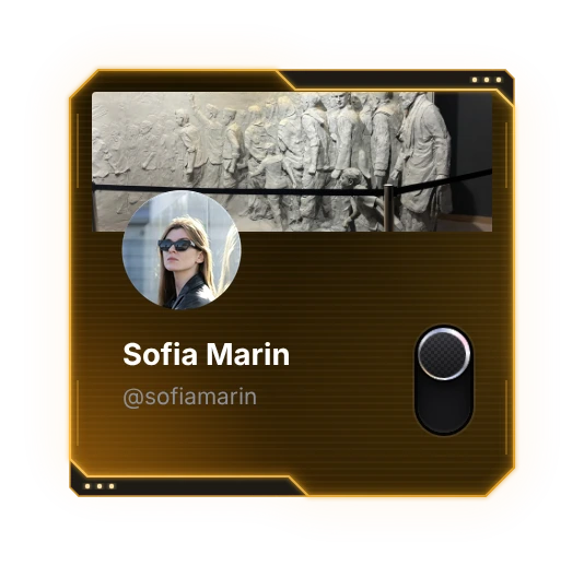 A profile card in an amber, angular sci-fi frame