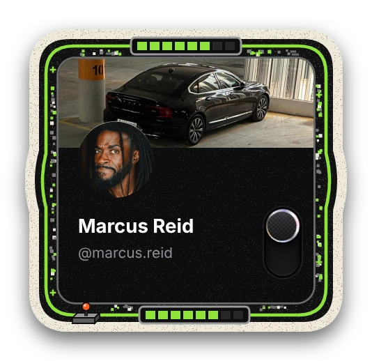 A profile card in a cream arcade-sticker frame with green lights