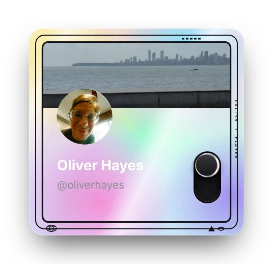 A profile card in a holographic sticker frame